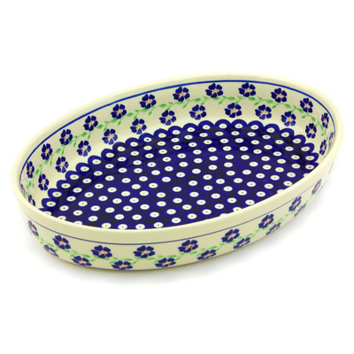 Polish Pottery Oval Baker 12&quot; Flowery Peacock
