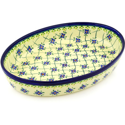 Polish Pottery Oval Baker 12" Gingham Trellis