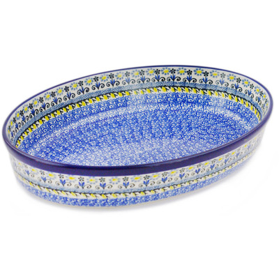 Polish Pottery Oval Baker 12&quot; Glorious Daisy Blue