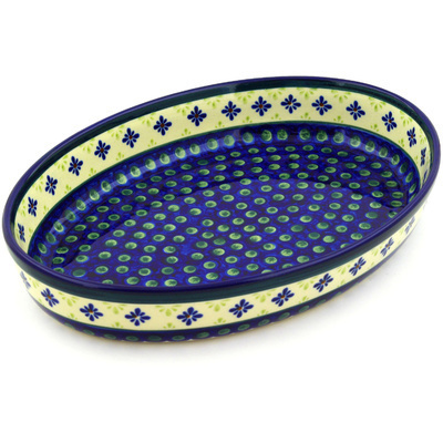 Polish Pottery Oval Baker 12&quot; Green Gingham Peacock