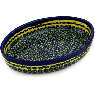 Polish Pottery Oval Baker 12&quot; Peacock Bumble Bee
