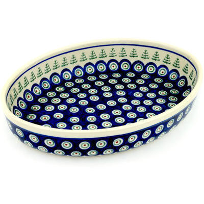 Polish Pottery Oval Baker 12&quot; Peacock Christmas