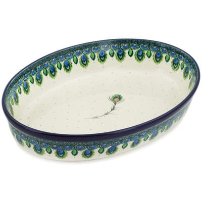 Polish Pottery Oval Baker 12&quot; Peacock Feather