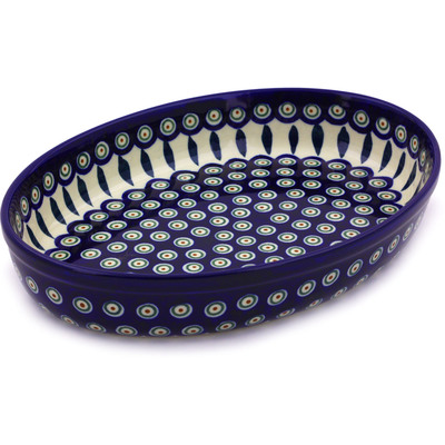 Polish Pottery Oval Baker 12&quot; Peacock Leaves
