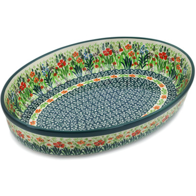 Polish Pottery Oval Baker 12&quot; Red Garden UNIKAT