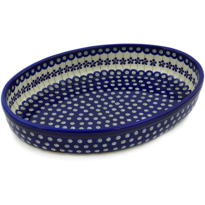Polish Pottery Oval Baker 13" Flowering Peacock