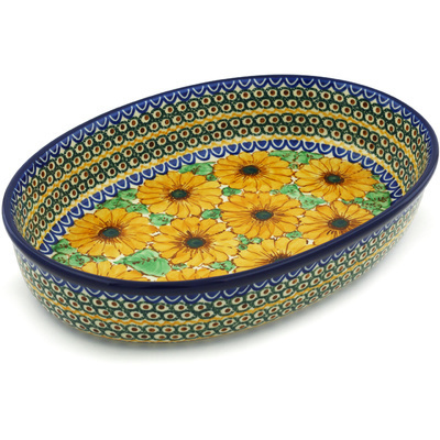 Polish Pottery Oval Baker 14&quot; August Sunflowers UNIKAT