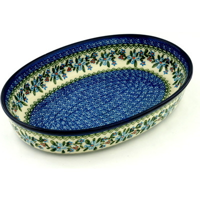Polish Pottery Oval Baker 14&quot; Azure Blooms