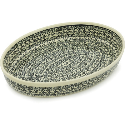 Polish Pottery Oval Baker 14" Black Lace Vines