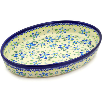 Polish Pottery Oval Baker 14&quot; Blue Clematis