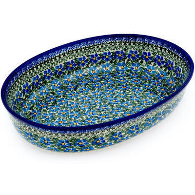 Polish Pottery Oval Baker 14&quot; Blue Daisy Dream UNIKAT