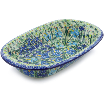 Polish Pottery Oval Baker 14&quot; Blue Iris Delight UNIKAT