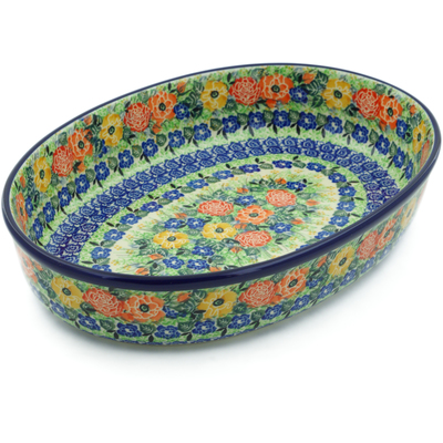 Polish Pottery Oval Baker 14&quot; Blue Peony Meadow UNIKAT