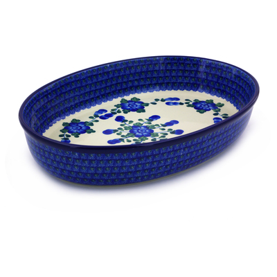 Polish Pottery Oval Baker 14&quot; Blue Poppies