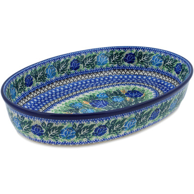 Polish Pottery Oval Baker 14&quot; Brilliant Blue Rose UNIKAT