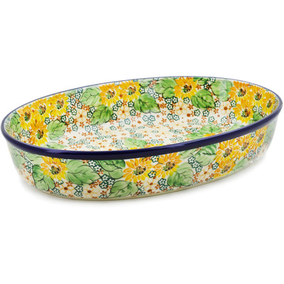 Polish Pottery Oval Baker 14&quot; Country Sunflower UNIKAT