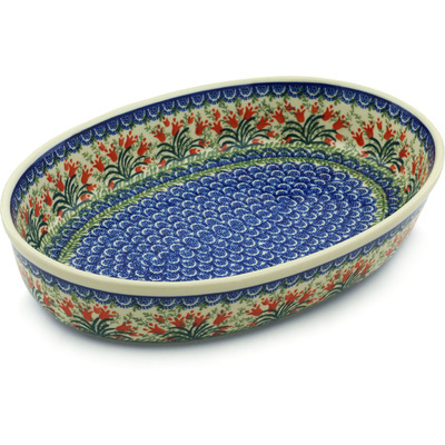 Polish Pottery Oval Baker 14" Crimson Bells