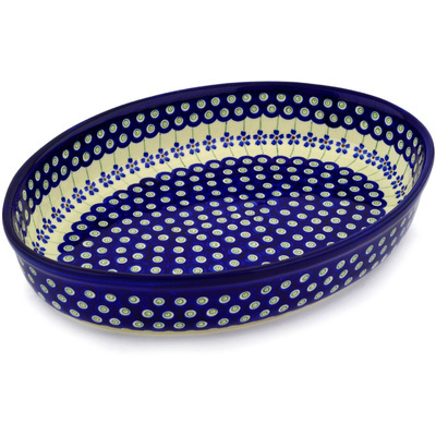 Polish Pottery Oval Baker 14&quot; Flowering Peacock