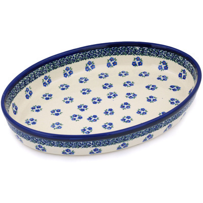 Polish Pottery Oval Baker 14&quot; Forget Me Not Dots