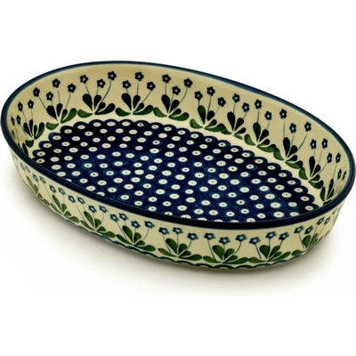 Polish Pottery Oval Baker 14&quot; Forget-me-not Peacock