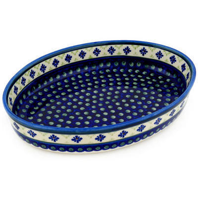 Polish Pottery Oval Baker 14&quot; Green Gingham Peacock