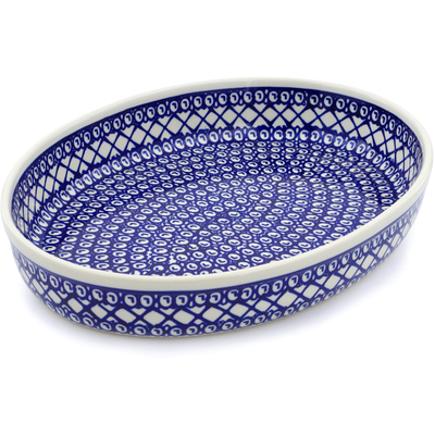 Polish Pottery Oval Baker 14&quot; Lattice Peacock