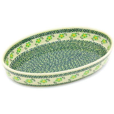 Polish Pottery Oval Baker 14&quot; Lime Flowers