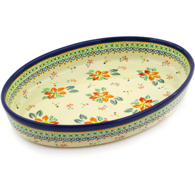 Polish Pottery Oval Baker 14&quot; Orange Clematis