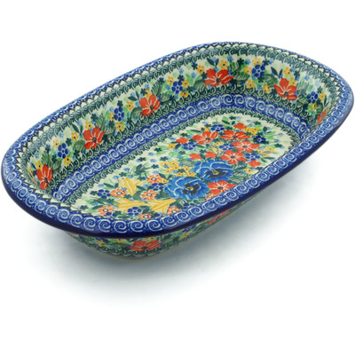 Polish Pottery Oval Baker 14&quot; Pansy Pair Garden UNIKAT