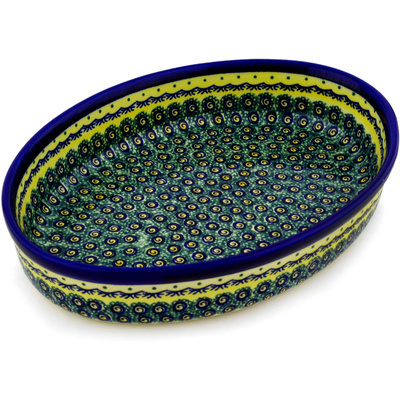 Polish Pottery Oval Baker 14&quot; Peacock Bumble Bee