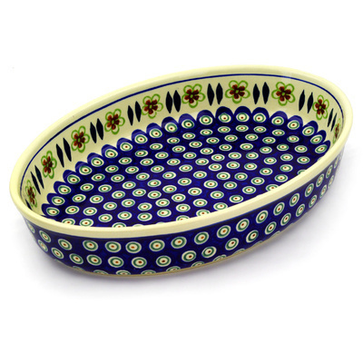 Polish Pottery Oval Baker 14&quot; Peacock Garden