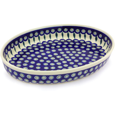 Polish Pottery Oval Baker 14&quot; Peacock Leaves