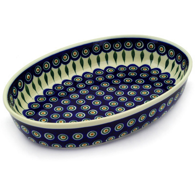 Polish Pottery Oval Baker 14" Peacock Leaves