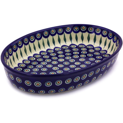 Polish Pottery Oval Baker 14&quot; Peacock Leaves