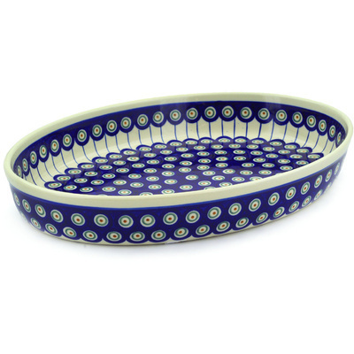 Polish Pottery Oval Baker 14&quot; Traditional Peacock