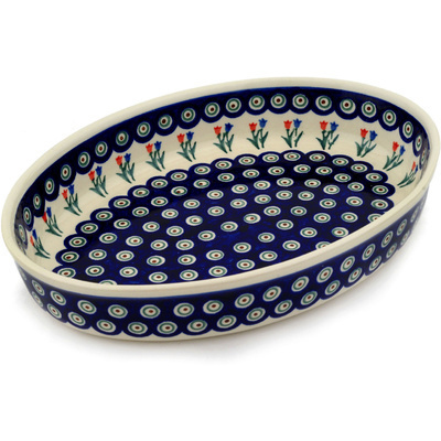 Polish Pottery Oval Baker 14&quot; Tulip Pair Peacock