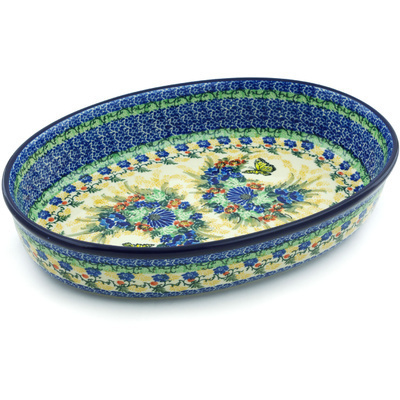 Polish Pottery Oval Baker 14&quot; Yellow Monarch Meadow UNIKAT