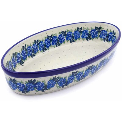 Polish Pottery Oval Baker 15&quot; Blue Rose