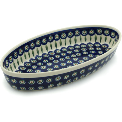Polish Pottery Oval Baker 15&quot; Peacock Leaves