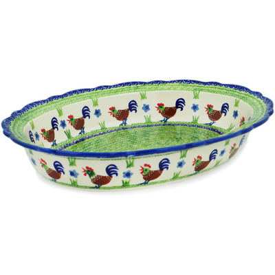 Polish Pottery Oval Baker 16&quot; Rooster Strut UNIKAT