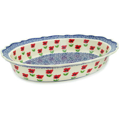 Polish Pottery Oval Baker 16&quot; Wind-blown Poppies