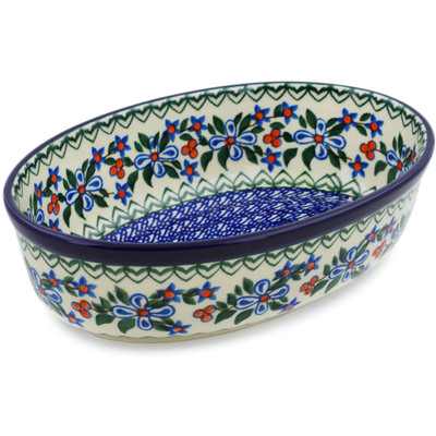 Polish Pottery Oval Baker 8&quot; Azure Blooms