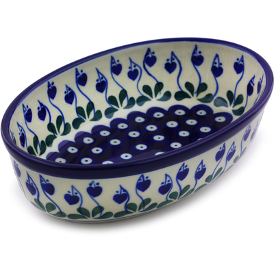 Polish Pottery Oval Baker 8&quot; Bleeding Heart Peacock