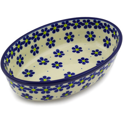 Polish Pottery Oval Baker 8&quot; Blue Daisies