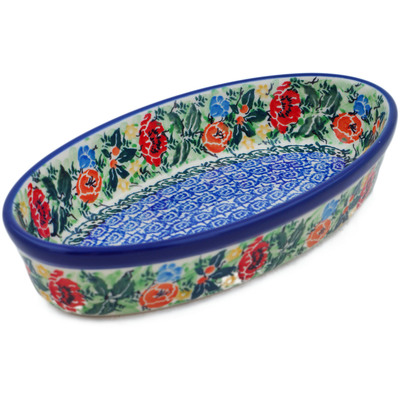 Polish Pottery Oval Baker 8&quot; Blue Daisy Bouquet UNIKAT