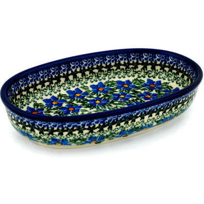 Polish Pottery Oval Baker 8&quot; Blue Daisy Dream UNIKAT