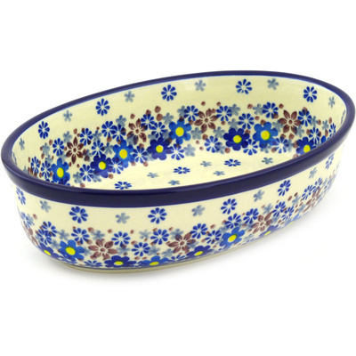 Polish Pottery Oval Baker 8&quot; Blue Flower Crown