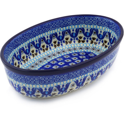 Polish Pottery Oval Baker 8" Blue Ice
