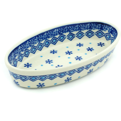 Polish Pottery Oval Baker 8&quot; Blue Snowflake