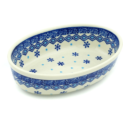 Polish Pottery Oval Baker 8&quot; Blue Snowflake